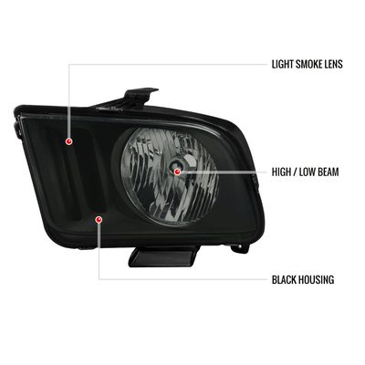 2005-2009 Ford Mustang Factory Style Headlights Matte Black/Light Smoke Lens