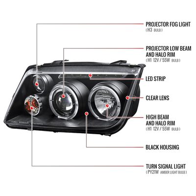 1999-2005 VW Jetta/Bora Mk4 Dual Halo Projector Headlights LED Light Black