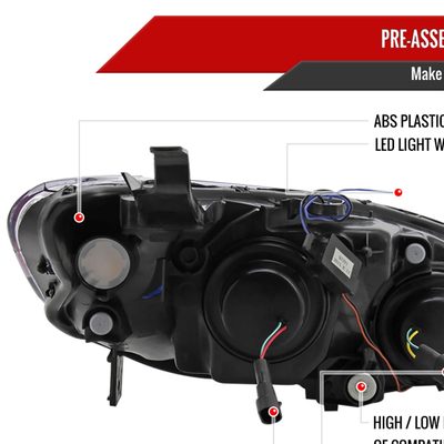 2004-2005 Honda Civic Projector Headlights R8 LED Light Strip Matt Black/Clear