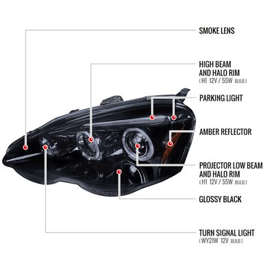2002-2004 Acura RSX Dual Halo Projector Headlights Glossy Black/Smoke Lens