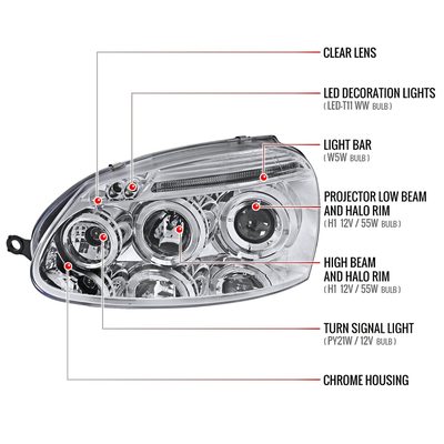 2006-2008 VW Golf Rabbit/ 2006-2010 Jetta Dual Halo Projector Headlights Chrome