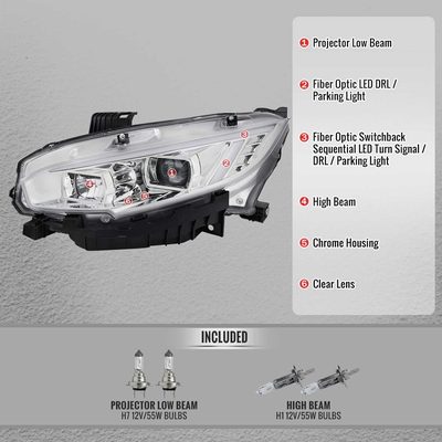 For Honda Civic 2016-2021 Projector Headlights Sequential DRL Chrome Housing Clear Lens