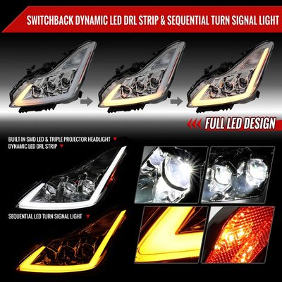 For Infiniti G37 2008-13 / Q60 Coupe 2014-15 LED Triple Projector Headlights Sequential Chrome Housing Clear Lens Switchback