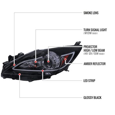 2010-2013 Mazda 3 Projector Headlights w/ LED Light Strip Glossy Black/Smoke