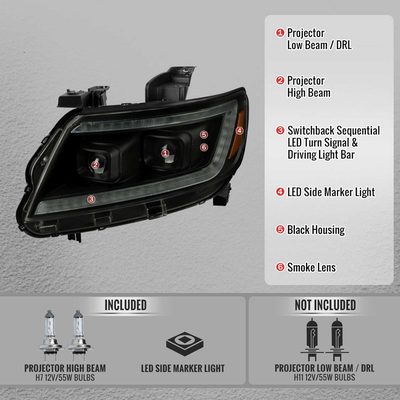 For Chevrolet Colorado 2015-2022 Headlights LED DRL Light Strip Turn Signal Side Marker Black Housing Smoked Lens