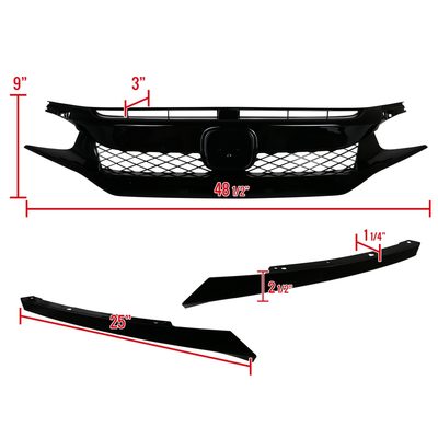 2016-2018 Honda Civic FK8 TR Style Glossy Black ABS Mesh Grille w/ Eyebrows