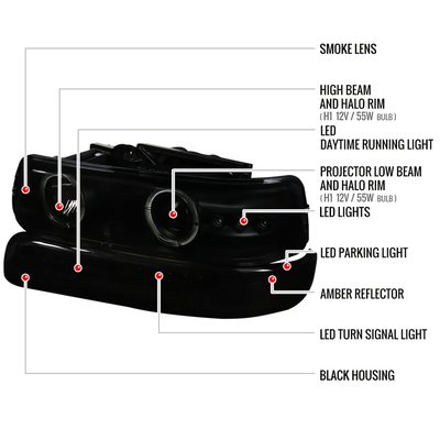 1999-2002 Chevy Silverado/ Chevy Tahoe/Suburban Dual Halo Headlights LED Black