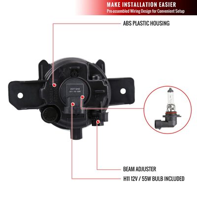 2013-2015 Nissan Sentra H11 Fog Lights Kit Switch & Wiring Harness Chrome