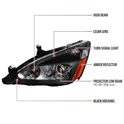 2003-2007 Honda Accord Retro Projector Headlights Amber Reflectors Matt Black