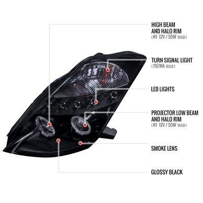 2003-2005 Nissan 350Z Dual Halo Projector Headlights Glossy Black/Smoke Lens