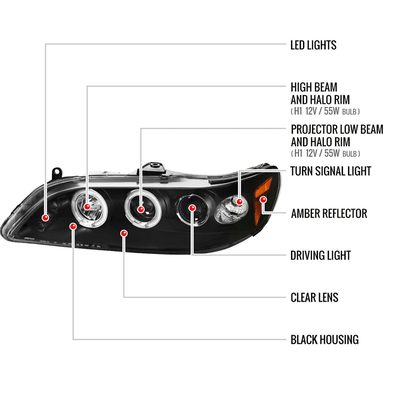 1998-2002 Honda Accord Dual Halo Projector Headlights Matte Black/Clear Lens
