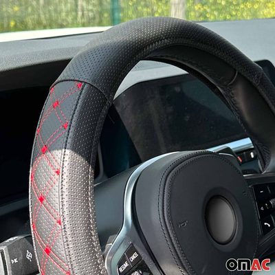 14.5-15.5’’ Steering Wheel Cover Red Stitches Leather Anti-slip Breathable
