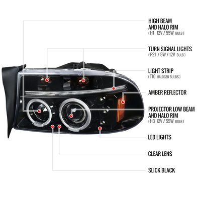 1997-2004 Dodge Dakota/ 98-2003 Durango Dual Halo Projector Headlights Jet Black