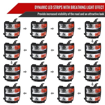 2014-2015 Chevy Silverado 1500 LED Bar Projector Headlights Chrome/Black Trim