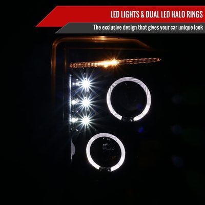 2008-2010 Ford F-250 F-350 F-450 SMD Dual Halo Projector Headlights Jet Black