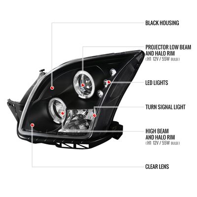 2006-2009 Ford Fusion Dual Halo Projector Headlights Matte Black/Clear Lens