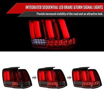 1999-2004 Ford Mustang Sequential LED Tail Lights Chrome/Red Smoke Lens