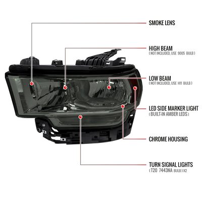 2019-2024 Dodge RAM 2500/3500/4500/5500 Factory Style Headlights Chrome/Smoke