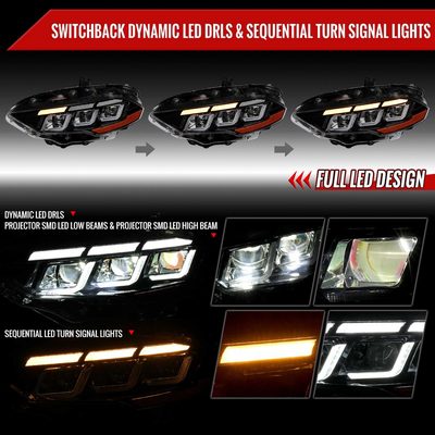 For Ford Mustang 2018-2023 Full LED Projector Headlights Sequential Start Up Black Housing Clear Lens