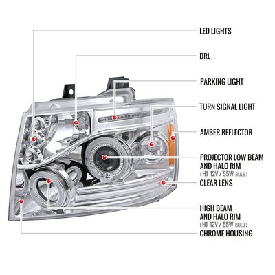 2007-2013 Chevy Avalanche/ 07-2014 Tahoe Suburban Dual Halo Headlights Chrome