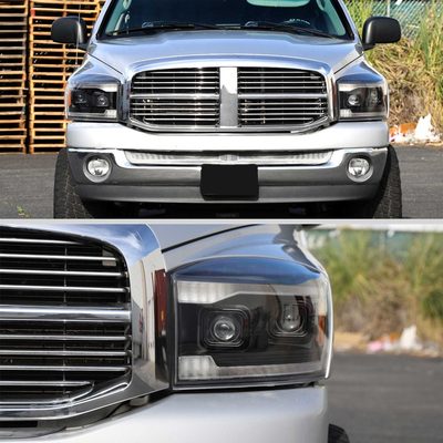 For Dodge RAM 1500 2006-08 / RAM 2500 3500 2006-09 Headlights LED Strip Turn Signals DRL Startup Animation Black Housing Clear Lens