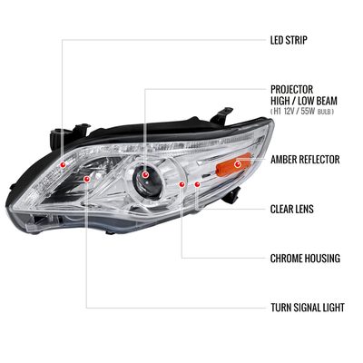 2011-2013 Toyota Corolla Projector Headlights w/ LED Light Strip Chrome/Clear