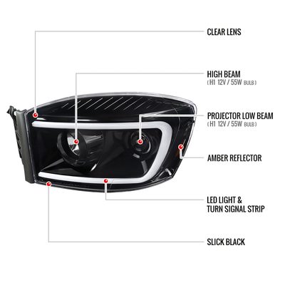 2006-2008 Dodge RAM 1500/ 06-2009 2500 3500 LED Projector Headlights Jet Black