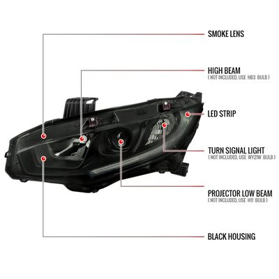 2016-2021 Honda Civic LED Strip Factory Projector Headlights Matt Black/Smoke