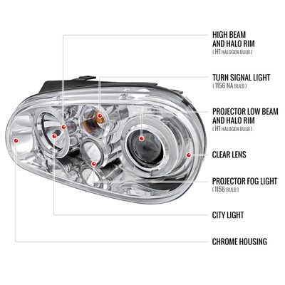1999-2006 VW Golf Mk4 GTI/R32 Cabrio Dual Halo Projector Headlights Chrome