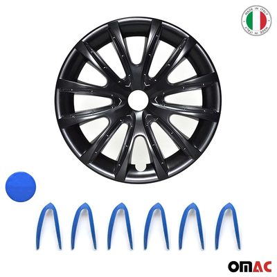 16" Hubcaps Wheel Cover Glossy Black with Dark Blue Insert Durable 4Pcs Full Set