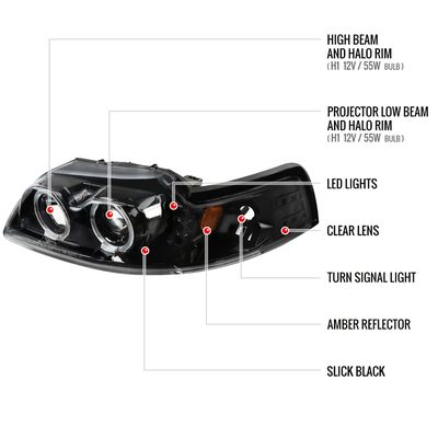 1999-2004 Ford Mustang Dual Halo Projector Headlights Jet Black/Clear Lens