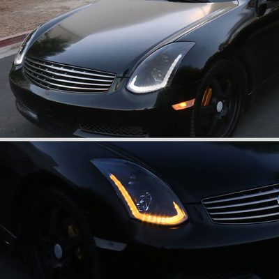 2003-2007 Infiniti G35 Coupe LED Projector Headlights Turn Signals Black Smoke