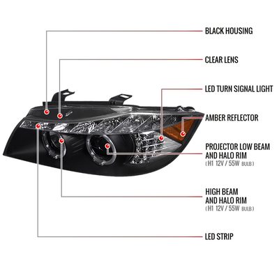 2006-2008 BMW E90 3 Series Dual Halo Headlights LED Light& Signal Matte Black