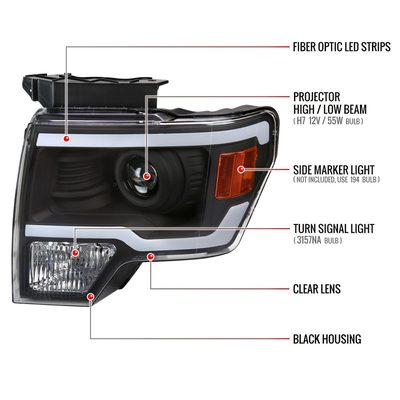 2009-2014 Ford F-150 LED Strip Projector Headlights Matte Black/Clear Lens