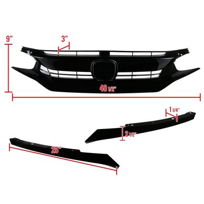2016-2018 Honda Civic Factory Style Glossy Black ABS Mesh Grille w/ Eyebrows