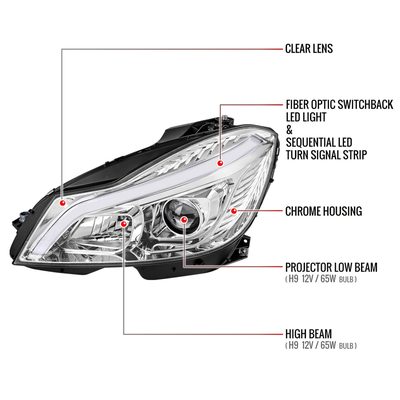 2012-2014 Mercedes-Benz W204 C-Class LED Bar Projector Headlights Chrome