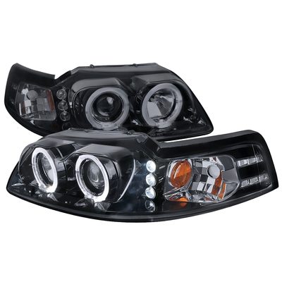 1999-2004 Ford Mustang Dual Halo Projector Headlights Glossy Black/Smoke Lens