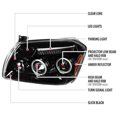 2005-2007 Dodge Magnum Dual Halo Projector Headlights Jet Black/Clear Lens
