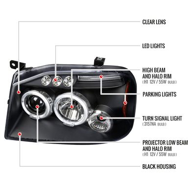 2001-2004 Nissan Frontier Dual Halo Projector Headlights Matte Black/Clear