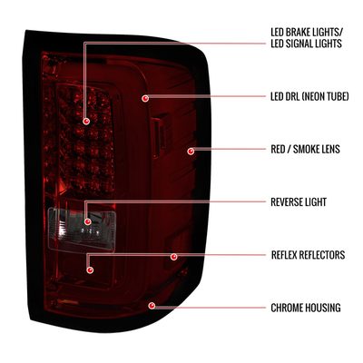 2014-2018 GMC Sierra 1500/2500HD/3500HD LED Tail Lights Chrome/Red Smoke Lens