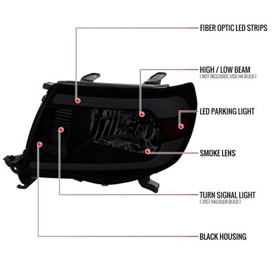 For Toyota Tacoma 2005-2011 LED Bar Factory Style Headlights Matte Black Housing Smoked Lens