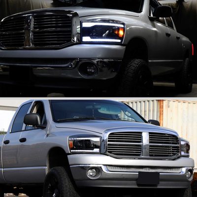 For Dodge RAM 1500 2006-08 / RAM 2500 3500 2006-09 Headlights LED Strip Turn Signal DRL Startup Animation Black Housing Smoked Lens
