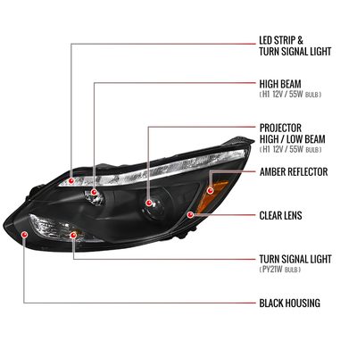 2012-2014 Ford Focus Projector Headlights LED Light & LED Signal Lights Black