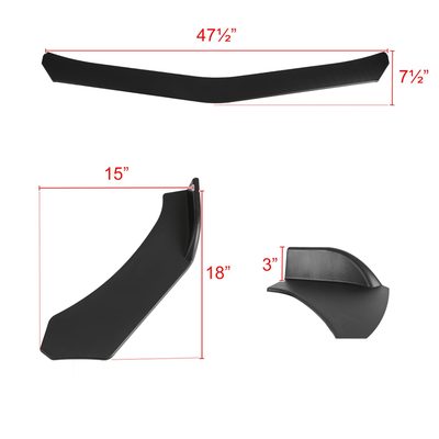 Universal Matte Black Polypropylene 3Pcs Bumper Lip Body Kit Splitter Spoiler