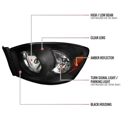 2006-2008 Dodge RAM 1500/ 06-2009 RAM 2500 3500 Factory Crystal Headlights Black