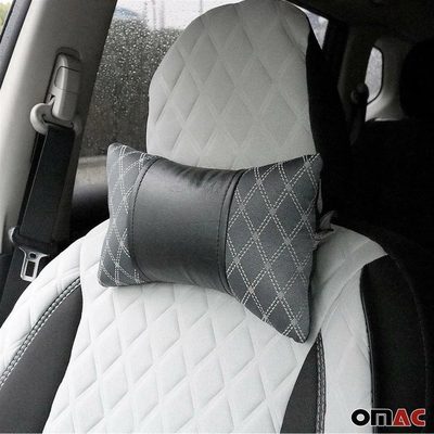 2x Car Seat Neck Pillow Head Shoulder Rest Pad Fabric and PU Leather Grey Black