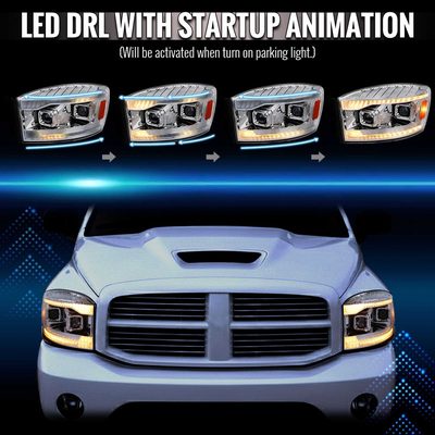 For Dodge RAM 1500 2006-08 / RAM 2500 3500 2006-09 Projector Headlights Amber LED Strips Turn Signals DRL Chrome Housing Clear Lens