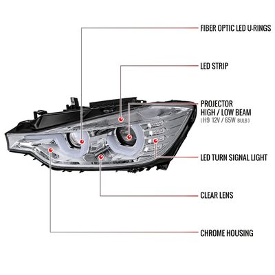 2012-2015 BMW F30 3 Series Sedan Dual U-Bar Headlights LED Signal Lights Chrome