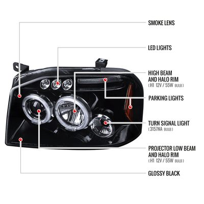 2001-2004 Nissan Frontier Dual Halo Projector Headlights Glossy Black/Smoke