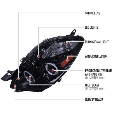 2006-2008 Toyota Yaris Dual Halo Projector Headlights Glossy Black/Smoke Lens